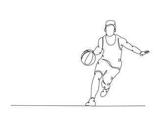 Basketball player in single outline illustration. Continuous line art drawing of basketball player dribbling the ball.