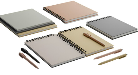 Notebooks And Pens Flat Lay Isolated On Transparent Background 3D Render