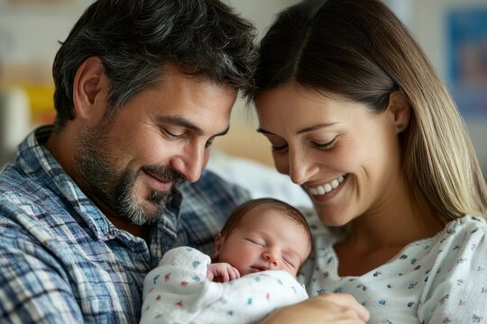 New parents holding newborn in maternity hospital
