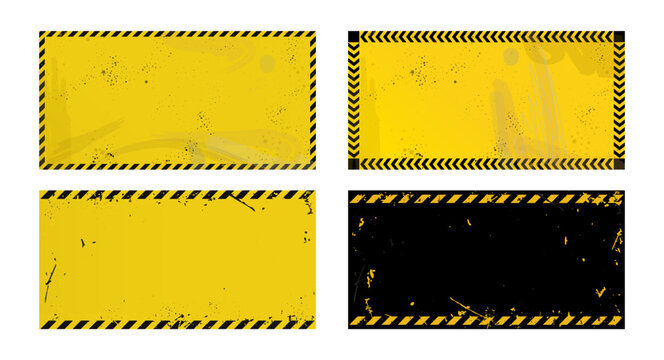 Yellow caution sign boards in grunge style with black lines. Realistic warning signboard, horizontal banner template, road shield. Vector illustration with grain, old texture, stain and scratch.	