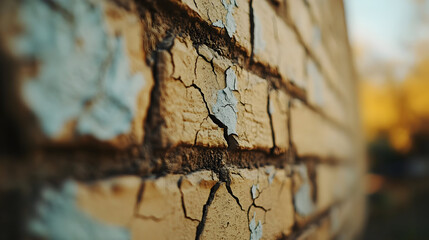 Close-up of a cracked brick wall with remnants of old paint.