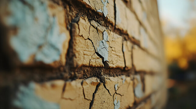 Close-up of a cracked brick wall with remnants of old paint.