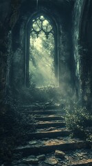 Obraz premium Exploring Stone Steps in Old Ruin with Sunlight Streaming Through Window