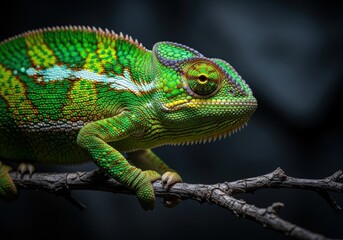 Obraz premium Close-Up of Red and Yellow Chameleon with Detailed Scales on Branch, Macro Wildlife Photography