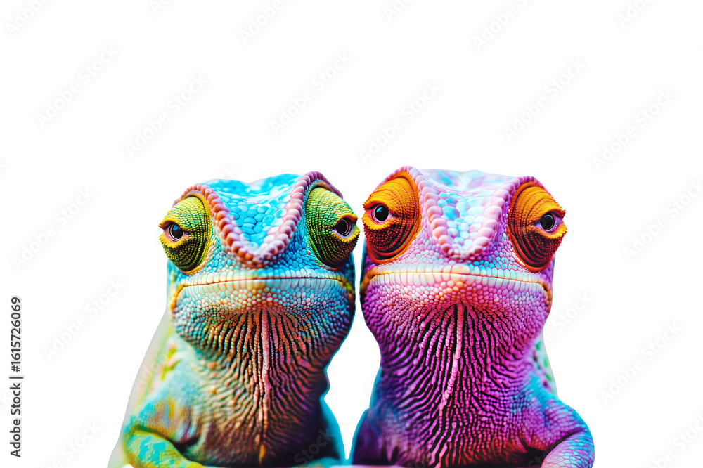 Poster Two vibrant chameleons displaying their unique colorful scales and expressive eyes isolated on transparent background