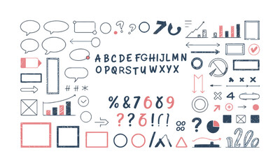 Modern vector illustration in a wide variety of hand-drawn infographic and annotation elements, Hand drawn design elements. Vector frames, arrows and different shapes, easily editable and scalable.