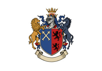 Royal Coat Of Arms Illustration With Gold Crown Lion Horse And Shield