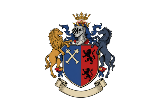 Royal Coat Of Arms Illustration With Gold Crown Lion Horse And Shield