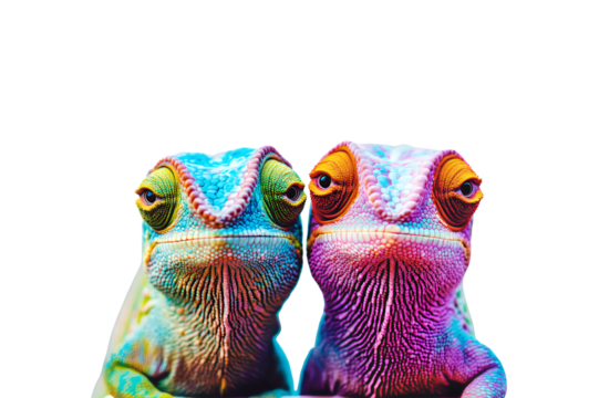Two vibrant chameleons displaying their unique colorful scales and expressive eyes isolated on transparent background - Powered by Adobe