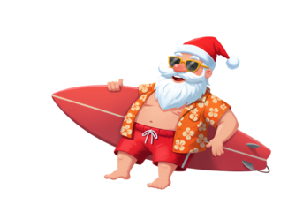 Santa Claus Surfing Summer Illustration with Sunglasses Red Surfboard