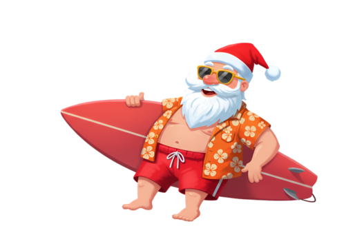 Santa Claus Surfing Summer Illustration with Sunglasses Red Surfboard - Powered by Adobe