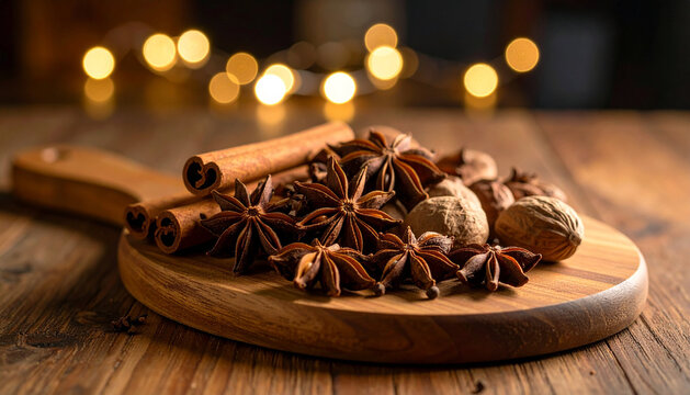 A close-up shot of traditional Indonesian spices like cloves, nutmeg, cinnamon sticks, and star anise on a wooden board atop a simple dining table