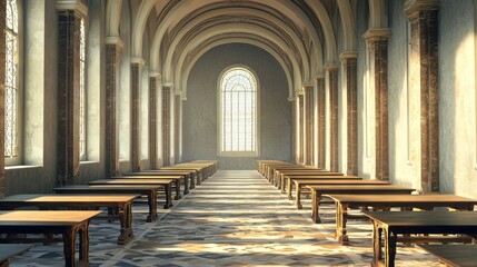 Fototapeta premium A spacious, well-lit, and spacious room with wooden benches and tables, featuring a large window with a stained glass window in the background