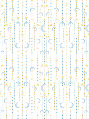 Seamless pattern with stars, moons and geometric elements.