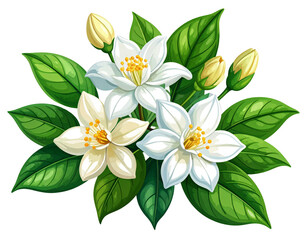 Obraz premium National Mother's Day, White jasmine flowers with green leaves and small buds on a clean white background. Fresh and natural style, soft and elegant details. Perfect for cards, posters, invitations, d