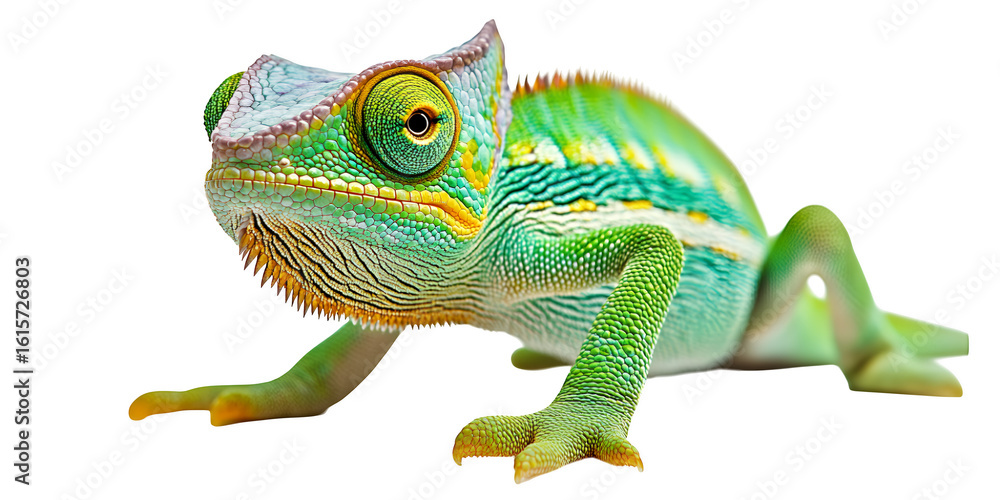 Poster a vibrant green chameleon with intricate scales and a distinctive crest isolated on transparent back