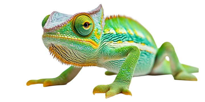 A vibrant green chameleon with intricate scales and a distinctive crest isolated on transparent background