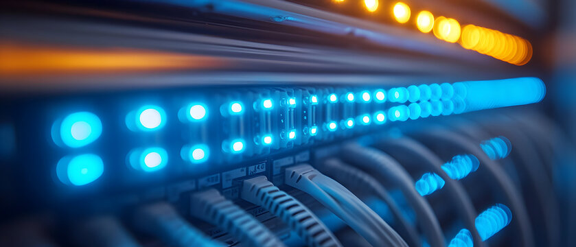 Close-up of a network switch with illuminated blue lights and connected cables.