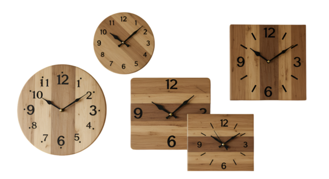 Realistic Isolated Wooden Clocks Collection Against Transparent Background