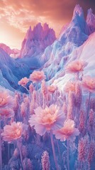 Pink Flowers Blooming in a Snowy Mountain Valley Landscape