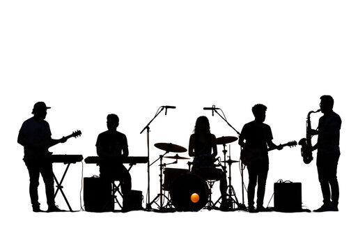Silhouette Illustration Of A Band Playing On Stage With Dramatic Lighting - Powered by Adobe