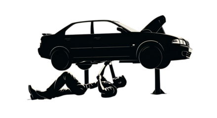 Silhouette Illustration Of A Mechanic Repairing Car Under The Lift