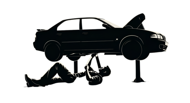 Silhouette Illustration Of A Mechanic Repairing Car Under The Lift