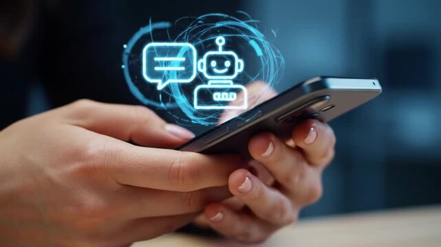 Smartphone Chatbot Interaction Close-up of AI Assistant App on Mobile Device, Business Integration