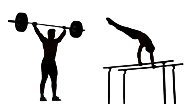Silhouette Illustration Of Athlete Lifting Barbell And Parallel Bars Workout
