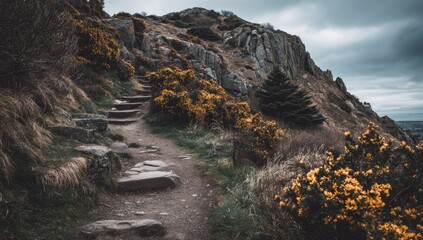 A pathway ascends a rocky hillside, lined with vibrant yellow flowers.