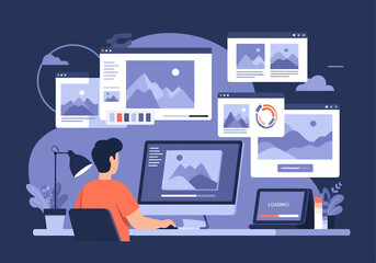 Flat Vector Illustration of Image Generator Software with Designer Working on Multiple Photo Editing Windows