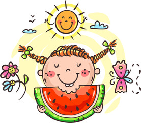 Happy child with watermelon slice. Cute cartoon little girl eating watermelon. Summer season clipart
