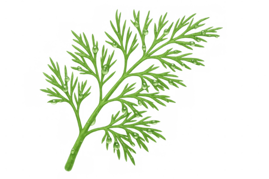 Glistening dill sprig with water droplets, crisp botanical illustration isolating green herbal detail against transparent background for culinary graphics