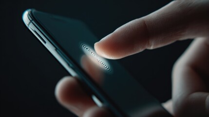 Close-up of a person's finger touching a smartphone's fingerprint scanner with illuminated concentric circles on dark background