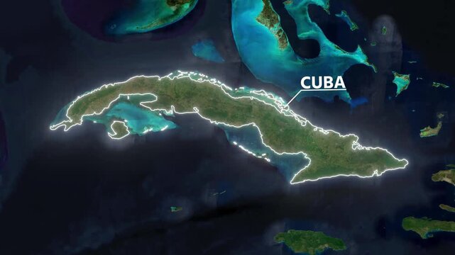 Zoom from Earth to Cuba. Glow outline map animation satellite view with highlighted country borders. Cinematic documentary 3d world map animation highlights aerial views, tourism, and travel. 4k