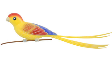 A vibrant yellow and orange artificial parrot with long tail feathers perched on a thin brown branch isolated on transparent background