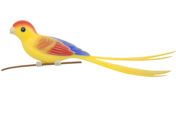 A vibrant yellow and orange artificial parrot with long tail feathers perched on a thin brown branch isolated on transparent background