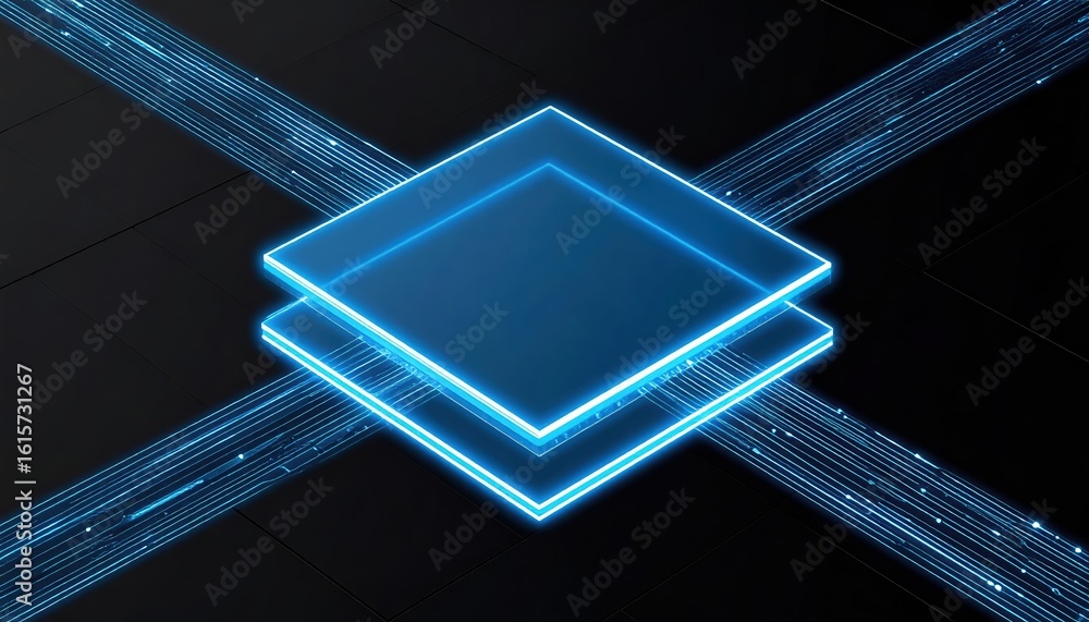 Poster high-tech digital battery with glowing circular energy and neon lines in a futuristic environment