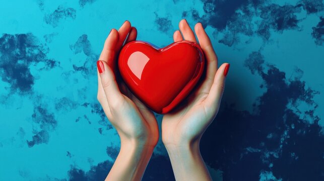hands hold a red heart on a blue background. ai generative
