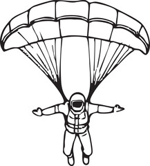 Skydiver Descent: Detailed Line Drawing of a Parachutist Against White Backdrop