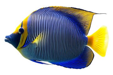 Vibrant emperor angelfish with striking blue and yellow patterns isolated on transparent background