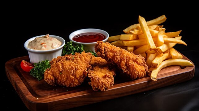 Crispy fried chicken, golden french fries, wooden platter, ketchup dipping sauce, comfort food, fast food, close-up, high-resolution, mouthwatering, savory