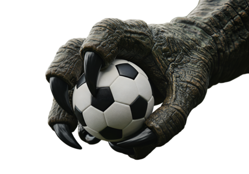 Realistic Illustration of a Dinosaur Claw Holding a Soccer Ball on Black