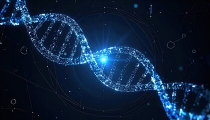 Bright Blue and Cyan DNA Helix with Digital Particles and Tech Network Background for Genetic Research