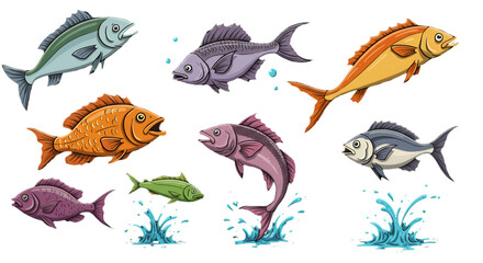 Naklejka premium Pixel Art Fish Illustration Set Isolated On Transparent Background