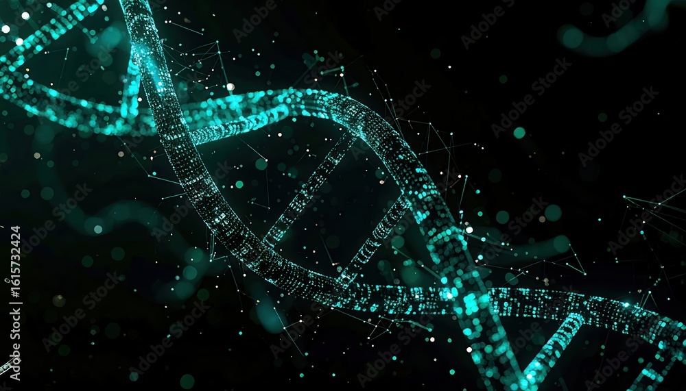 Poster close-up view of double helix dna structure in glowing cyan and blue colors on black background