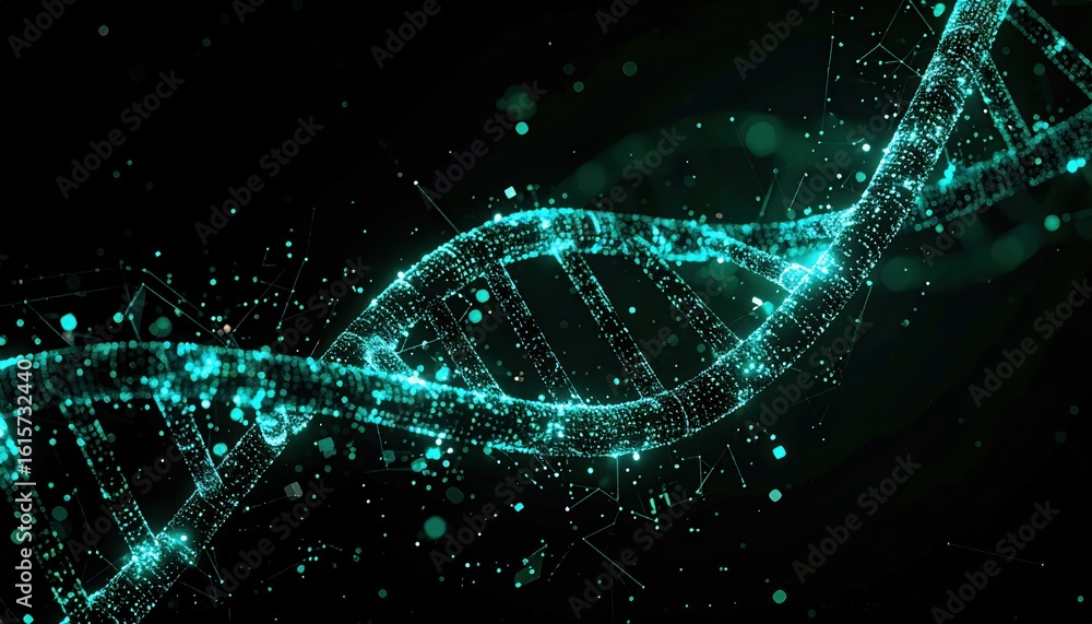 Poster illuminated dna helix surrounded by particles and lines in dark space, futuristic digital concept