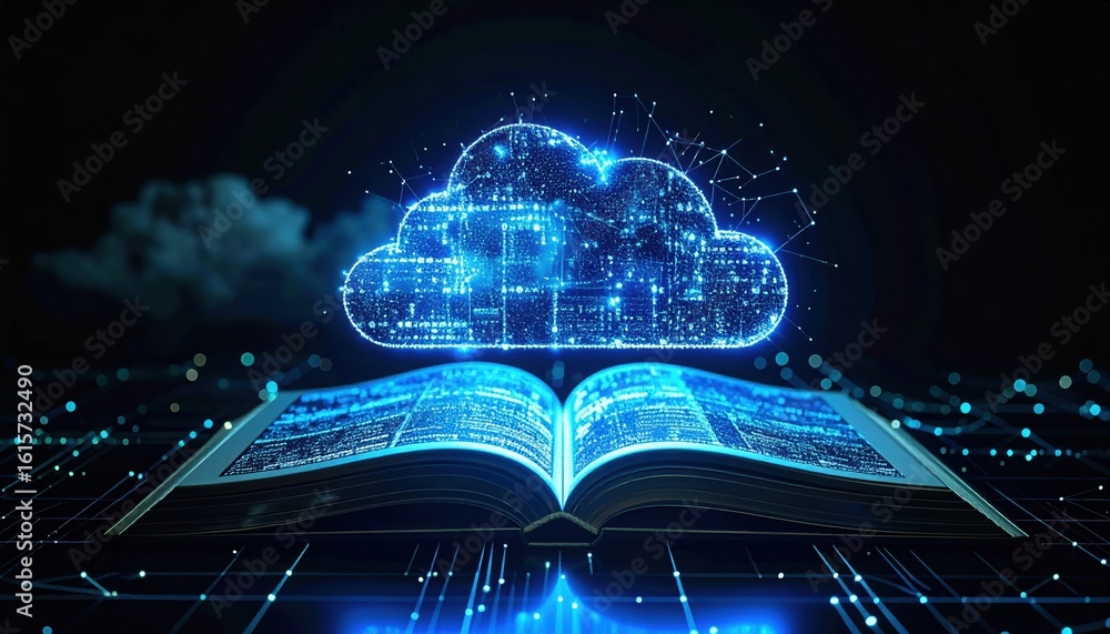 Poster neon cloud computing concept with data connections and digital cloud icons on cyber dark background