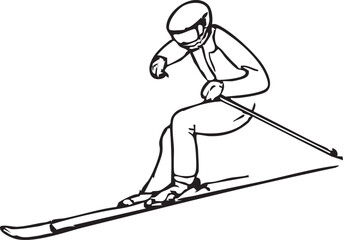 Single Skier Line Drawing Executing Downhill Skiing on White Background. Minimalist Art.