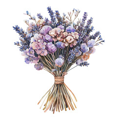 A beautiful watercolor bouquet of lavender and delicate purple and pink flowers tied with twine isolated on transparent background